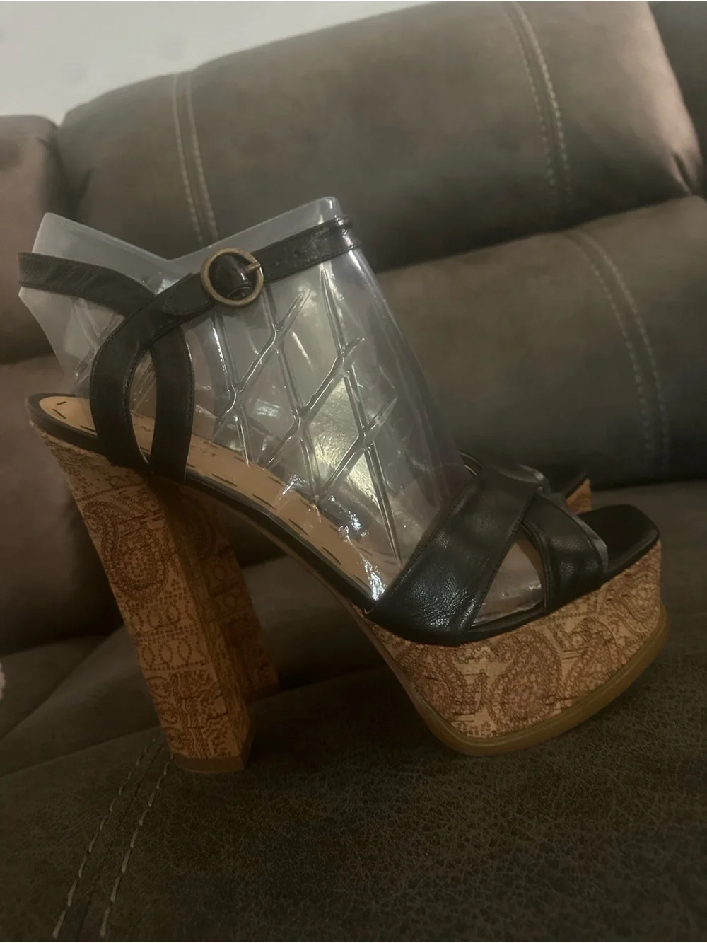 Nine West Black Leather Wedge Sandals with Cork Platform 6.5” - Picture 3 of 7
